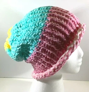 Gorro holgado tejido a mano rosa azul amarillo adulto adolescente niño 100 % acrílico suave - Imagen 1 de 4