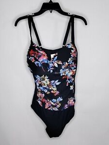 NWT Azul Swim Suit Black/Colorful Leaf Pattern Built In Bra Wide Strap High Cut