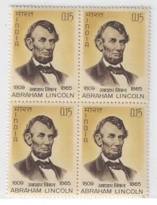Sello de Abraham Lincoln 1965 del 16º Presidente de la India MNH bloque de 4 Estados Unidos Foto 1 de 2