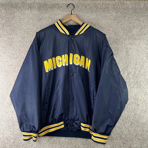 VINTAGE Michigan Wolverines Jacket Mens XL Blue Varsity Snap Up Spell Out Logo Cover