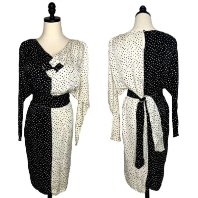 Vestido Flora Kung 8 Vintage Años 80 Lunares SEDA Manga Larga Dolman Negro Crema Foto 1 de 4