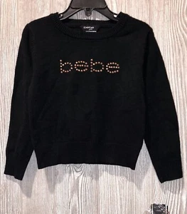 BEBE GIRLS Metal Rhinestone Long Sleeve Crew Black Rose Gold Sweater NEW Sz S 4 - Picture 1 of 3