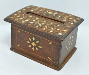 Antique Wooden Cigarettes Dispenser Box Original Old Hand Crafted Bone Inlay - Picture 1 of 6