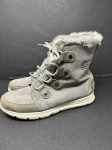 Sorel Boots Women 10 Explorer Joan Shearling Combat Snow NL3039-052 Grey Leather - Picture 1 of 10