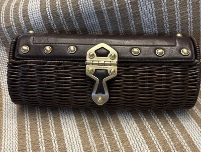 MICHAEL KORS Santorini Wicker Clutch Woven Purse Rattan Leather Goldtone Party - Image 1 of 4