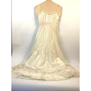 Vintage 70s 80s Women’s Girls Long Off White Pink Trim Dress Prom Wedding Boho - Picture 1 of 16