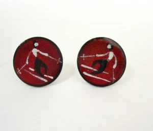  Vintage Red Enamel/Copper Earrings, Screwback, SKIS/SKIER/SKIERS, Mid Century - Picture 1 of 2