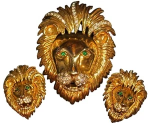 Vintage LARGE Leo Lion Head Rhinestone Brooch W/ Emerald Eyes & Matching Clip On - Picture 1 of 7