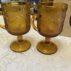 Vintage Tiara Set of 4 Handled Footed Cups Mugs Sandwich Amber Glass Mint - Picture 1 of 13