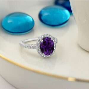 3Ct Oval Cut Lab Created Purple Amethyst Engagement Ring 14K White Gold Plated