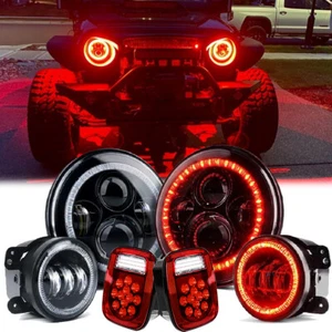 For Jeep 07-18 7" Red Halo DRL Led Headlight Fog lamp+Tail Light Combo Kit US - Imagen 1 de 12