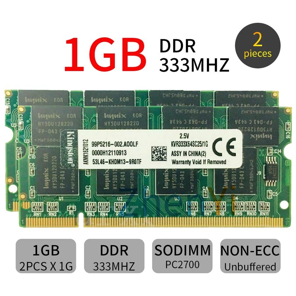 Par Kingston 2Go 2x 1Go PC-2700 333MHz DDR1 KVR333X64SC25/1G portable Memoria FR - Photo 1/4