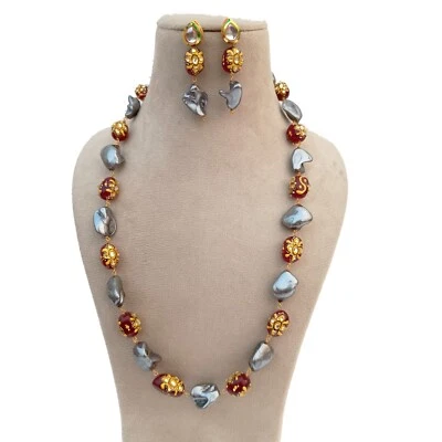 Collar de cuentas gris barroco perla esmalte rojo joyería hecha a mano Foto 1 de 4