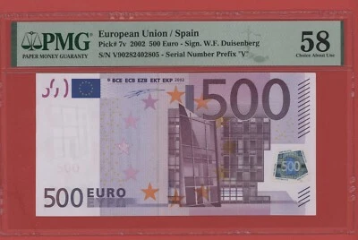 EUROPEAN UNION SPAIN 500 EURO 2002 PREFIX V PICK # 7v PMG 58 CHOICE ABOUT UNC. - Image 1 of 2