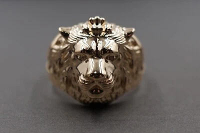 14K Solid Yellow Gold Polished 3D Lion Head Cubic Zirconia Band Ring. Size 10 - Image 1 of 4