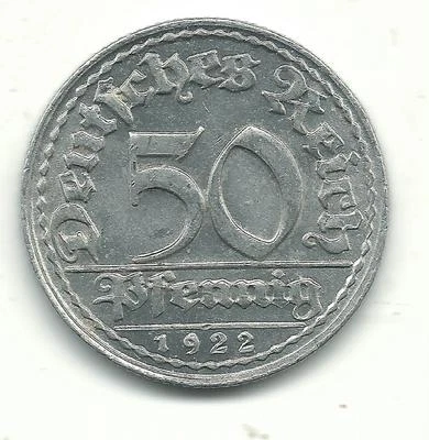 VERY NICE W/ LUSTER HIGH GRADE BU 1922 D GERMANY 50 PFENNIG-DEUTSCHES REICH-FEB9 - Image 1 of 2