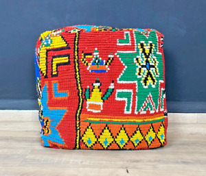 Vintage Moroccan Red Pouf - Ottoman Floor Cushion Outdoor Chair Yoga Meditation