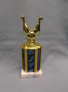double bowling pin and ball trophy award blue/black/gold column marble base - Picture 1 of 1