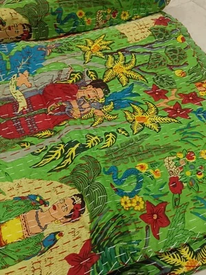 Green Woman Kantha Quilt Cotton Indian Bedspread Handmade Bedding Blanket Throw - Image 1 of 4
