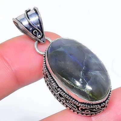 Colgante de joyería enchapado en plata con piedras preciosas áspera de labradorita natural 1,8" M152 Foto 1 de 4