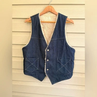 Chaleco a presión occidental forrado Sherpa de mezclilla vintage ropa de trabajo rancho hecho a mano unisex usado en excelente estado Foto 1 de 4