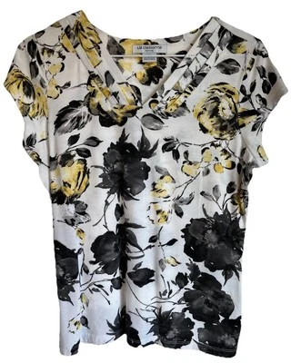 Liz Claiborne Women’s Black & Yellow Floral V-Neck Cap Sleeve (PM) - Image 1 of 3