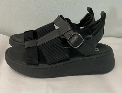 FitFlop Women Sz US 5 Fisherman Sandal F Mode Leather Webbing Wedge Black IJ4231 - Image 1 of 4