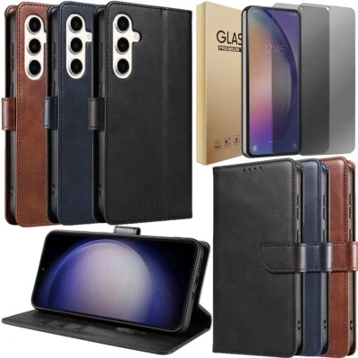 For Samsung Galaxy S23+ S23 Ultra FE Case Leather Cover Privacy Tempered Glass - Image 1 of 4
