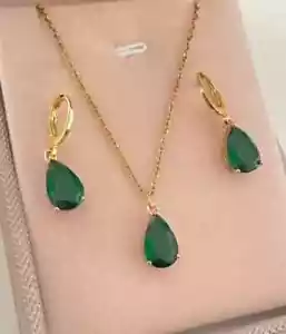 14K Yellow Gold Plated Lab Created Emerald 3Ct Pear Cut Women's Jewelry Set - Picture 1 of 6