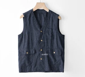Spring Men Linen Vintage Amekaji Denim Vest Multi-Pockets Slim Fit Waistcoat - Picture 1 of 18