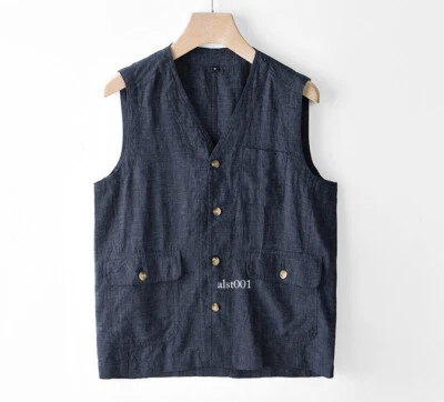 Spring Men Linen Vintage Amekaji Denim Vest Multi-Pockets Slim Fit Waistcoat - Image 1 of 4