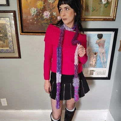 Bufanda delgada extra larga hecha a mano tejida a mano púrpura a rayas difusas cálida tejida a mano Foto 1 de 4