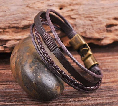Pulsera pulsera brazalete bronce S532 marrón fresco cuero y cáñamo para hombre Foto 1 de 3