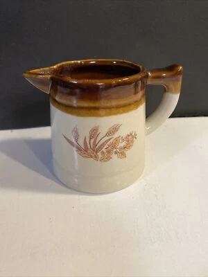 Vintage Brown Stoneware Creamer Wheat design small 3.5" Tall NO chips two tone - Image 1 of 4