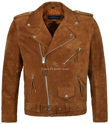 Brando Men's Real Leather Jackets TAN Suede Fringe Biker Motorcycle Style MBF   - Image 1 of 4
