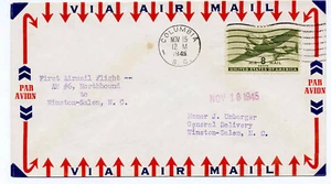 US 1945 First Flight Cover CAM 19 Columbia SC to Winston-Salem NC 19N88 Cachet - Picture 1 of 2