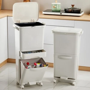 Recycle Bin 3 Tier 38/42L Lidded Trash Can w/ Dual Compartment Kitchen Cart - Picture 1 of 12