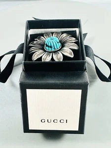 GUCCI 925 Sterling Silver GG Marmont Blue Turquoise Flower Design Ring Size 3.5 - Picture 1 of 10