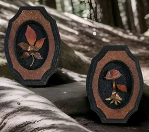 Pair Wood and Metal Wall Art Plaques Mushroom and Leaf Cork  - Picture 1 of 14