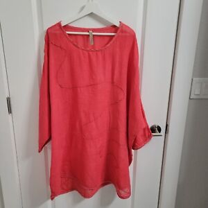 Cynthia Ashby Linen Tomato Red Oversized Art to Wear Tunic Dress - Size XL