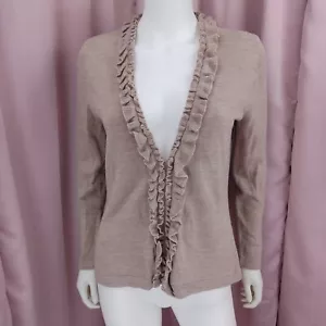 Jones Wear Women's Beige V-Neck Ruffled Tight-Knit Long Sleeve Cardigan Small - Picture 1 of 7