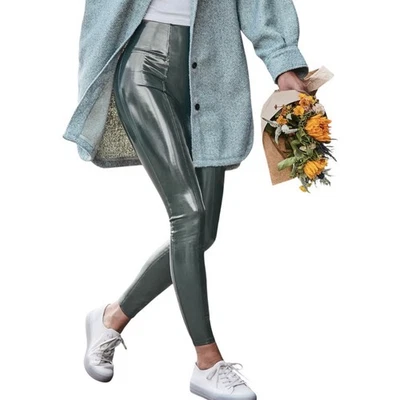 NWT Spanx Faux Patent Leather Leggings Deep Green Petite Large - Image 1 of 4