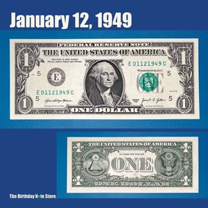 January 12, 1949 Birthday Anniversary $1 One Dollar Bill Serial Number 01121949 - Picture 1 of 2