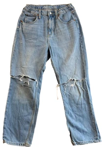 Old Navy Girls Medium Wash Blue High Rise Slouchy Straight Jeans DistressSize 14 - Picture 1 of 8