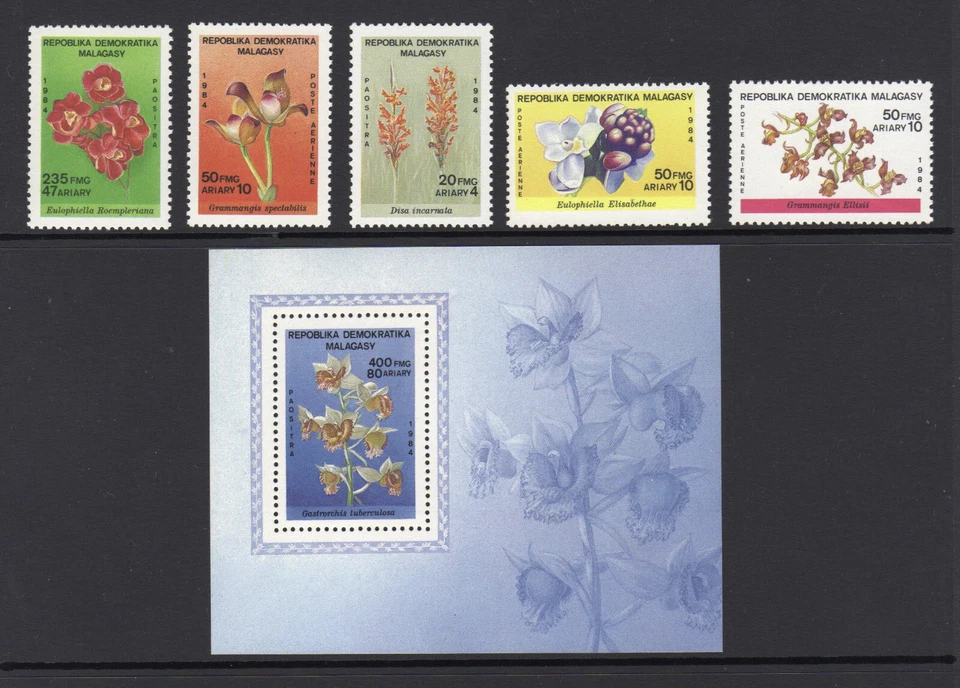 1984 Madagascar Flowers Orchids 5 values & 1 Mini-sheet MNH stamps - Image 1 of 1