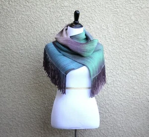 Woven scarf in green, blue and brown colors - Picture 1 of 4