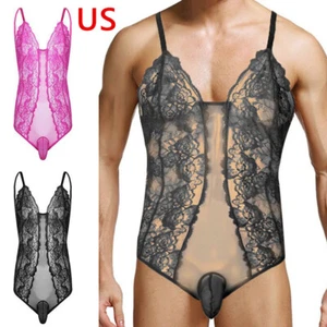 Body de encaje floral con bolsa de corneta sin mangas cruzado transparente Sissy para hombre - Imagen 1 de 36