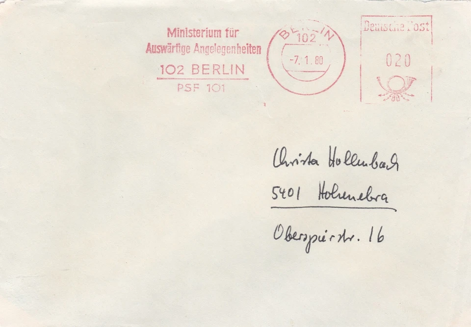 Germany: 1980, Berlin, Ministry of Foreign Affairs machine cancel on cover - Image 1 of 1