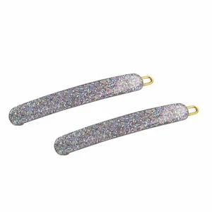 French Amie Rounded Oblong Silver Glitter Celluloid Side Hair Clip Barrette 2Pcs - Picture 1 of 1