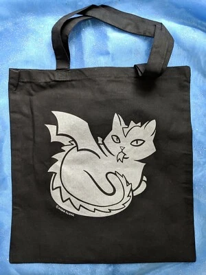 Fantasy Cat Dragon Cotton Tote Bag Reusable Silver on Black Mirana Reveier Art - Image 1 of 3